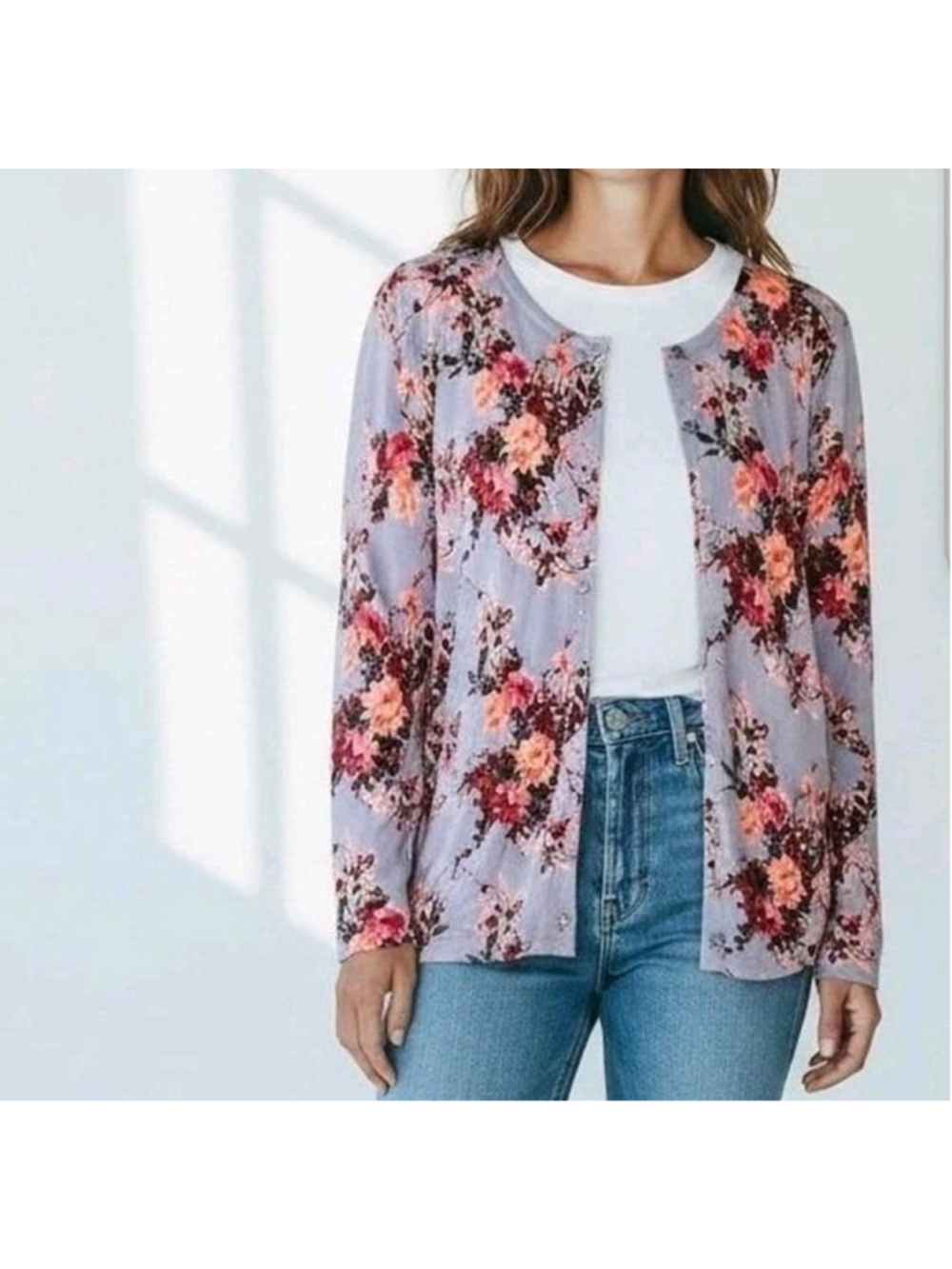 Garnet Hill Cardigan M 100% Merino Wool Floral Purple Pink 3/4 Sleeve Sweater